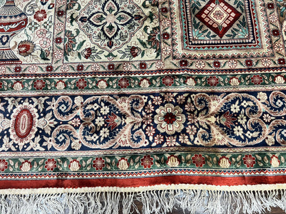 Silk Sino Persian Rug 9x12, Panel Design, Garden of Eden Pattern, Fine 200 KPSI, Hand Knotted Room Sized Silk Carpet, Vintage