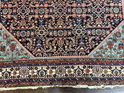 Antique Persian Rug Handmade Wool 5 by 6.7 Feet Navy Blue and Ivory Hamadan Angelas