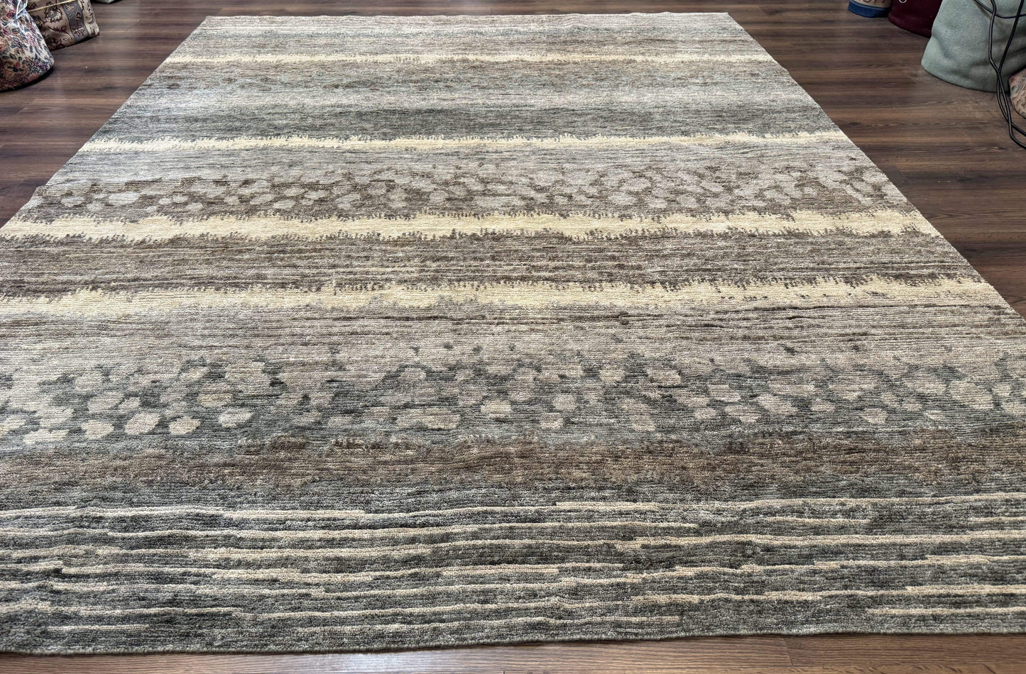 Modern Tibetan Wool Rug 8x10, Abstract, Contemporary, Handmade, Gray, Stripes