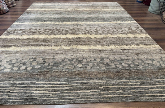 Modern Tibetan Wool Rug 8x10, Abstract, Contemporary, Handmade, Gray, Stripes