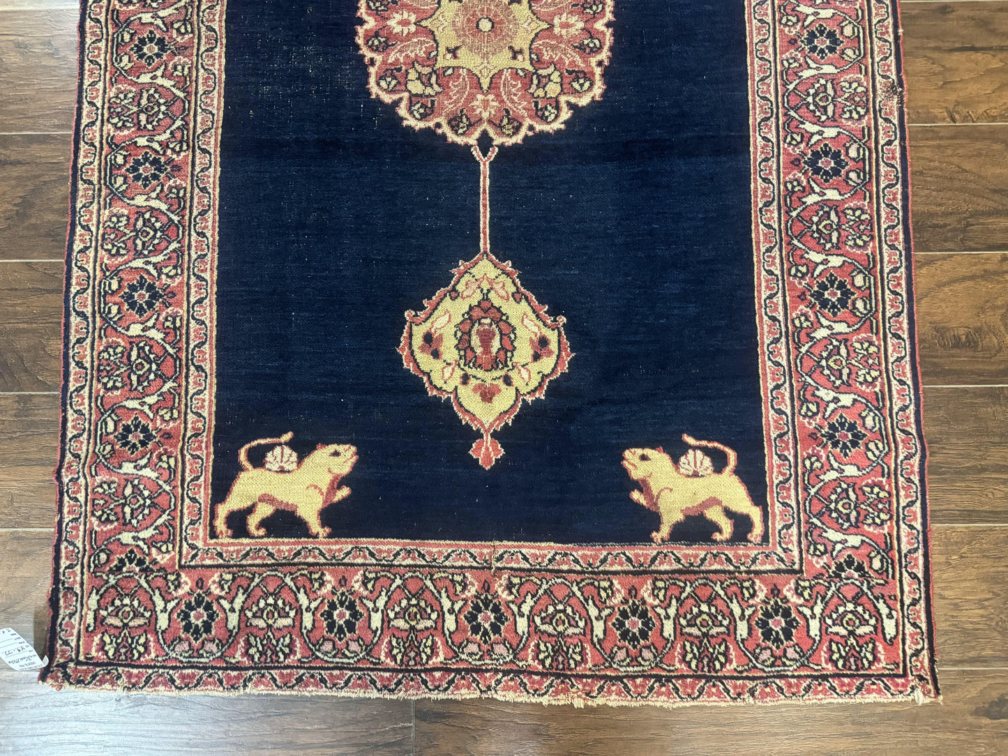 Antique Persian Mashad Rug 4x6, Semi Open Field, Navy Blue, Lion Pictorials, Triple Medallion, Dorokhsh Rug