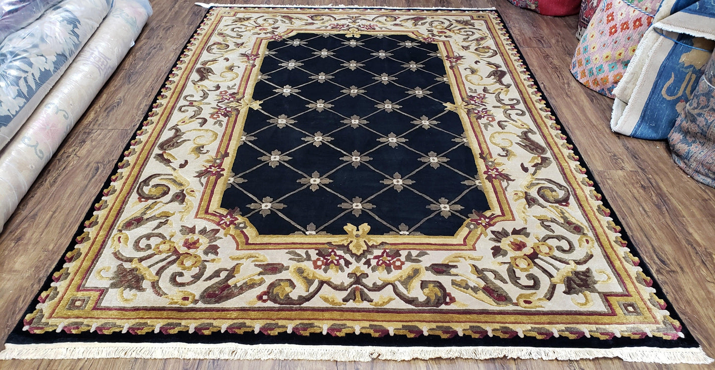 Aubusson Rug Hand Knotted Wool Nepalese 6x9 Black Cream Savonnerie Pattern