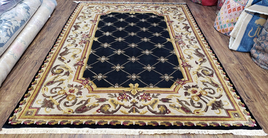 Aubusson Rug Hand Knotted Wool Nepalese 6x9 Black Cream Savonnerie Pattern