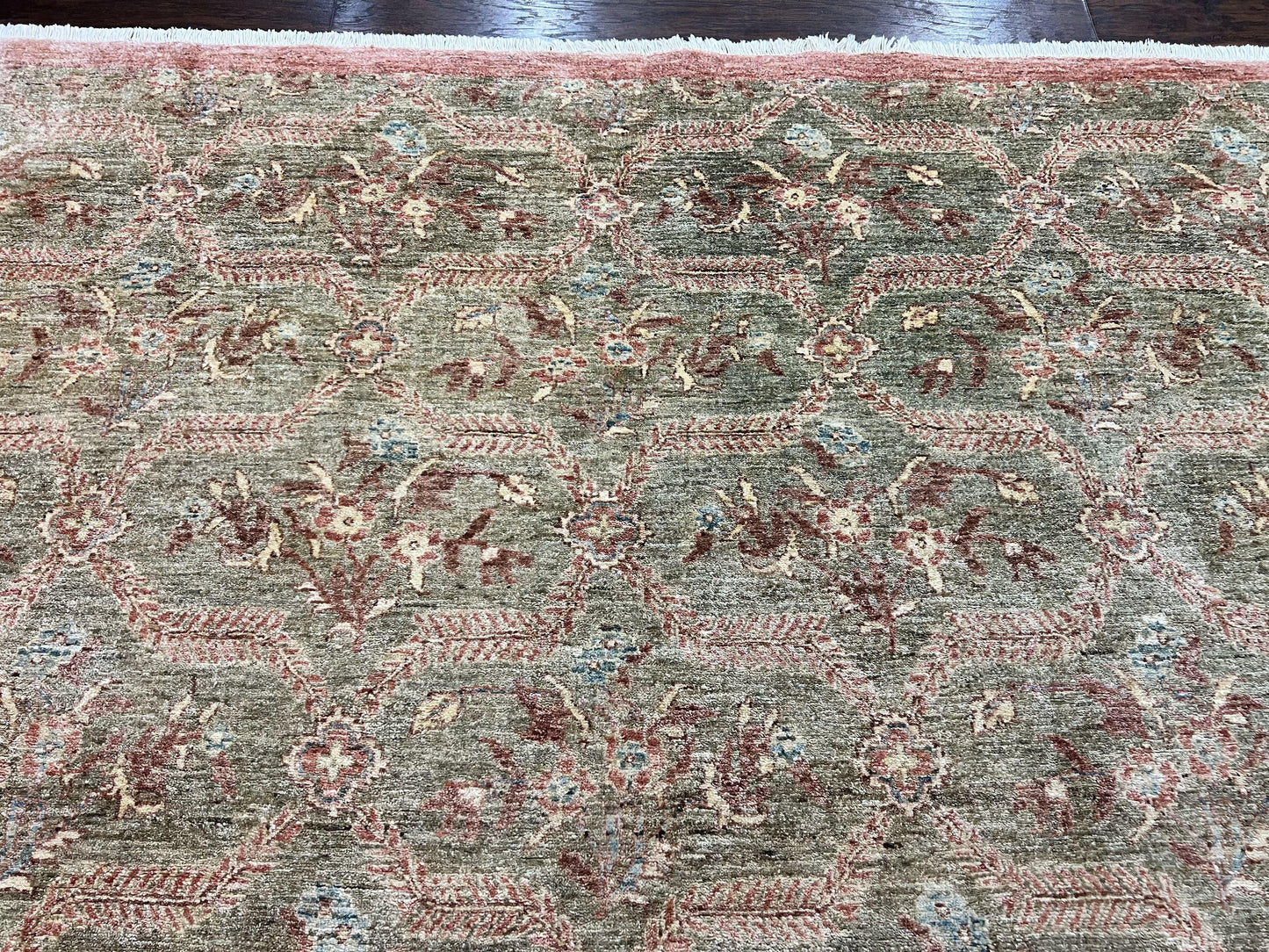 Large Modern Pakistani Rug 9x12, Handmade Wool Carpet, Peshawar Rug, Hand Knotted Oriental Rug, Contemporary, Floral, Light Green