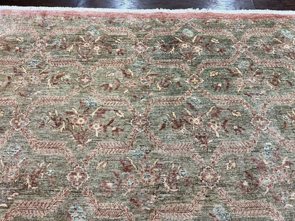 Large Modern Pakistani Rug 9x12, Handmade Wool Carpet, Peshawar Rug, Hand Knotted Oriental Rug, Contemporary, Floral, Light Green
