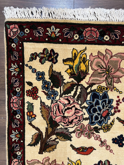 Persian Bidjar Rug 3.6 x 5 ft, Repeated Floral Motifs, Roses and Birds, Cream Burgundy, Fine Wool Oriental Bijar Carpet, Vintage Traditional Area Rug