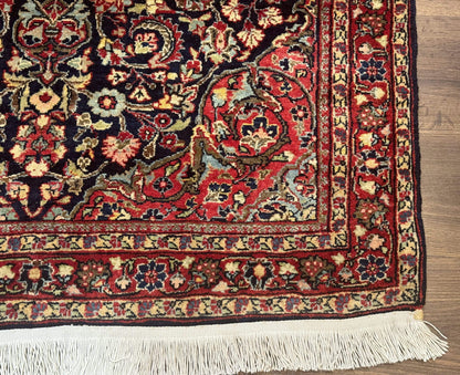 Antique Persian Sarouk Rug 4x5, Dark Blue and Red, Floral Medallion, Fine