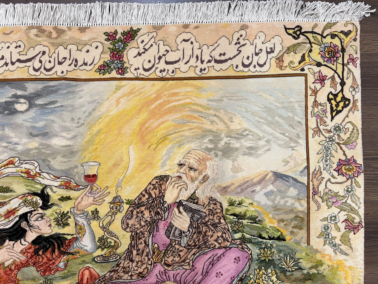 Persian Tabriz Pictorial Rug Hand Knotted Wool 5x3 Hafez Poetry Border