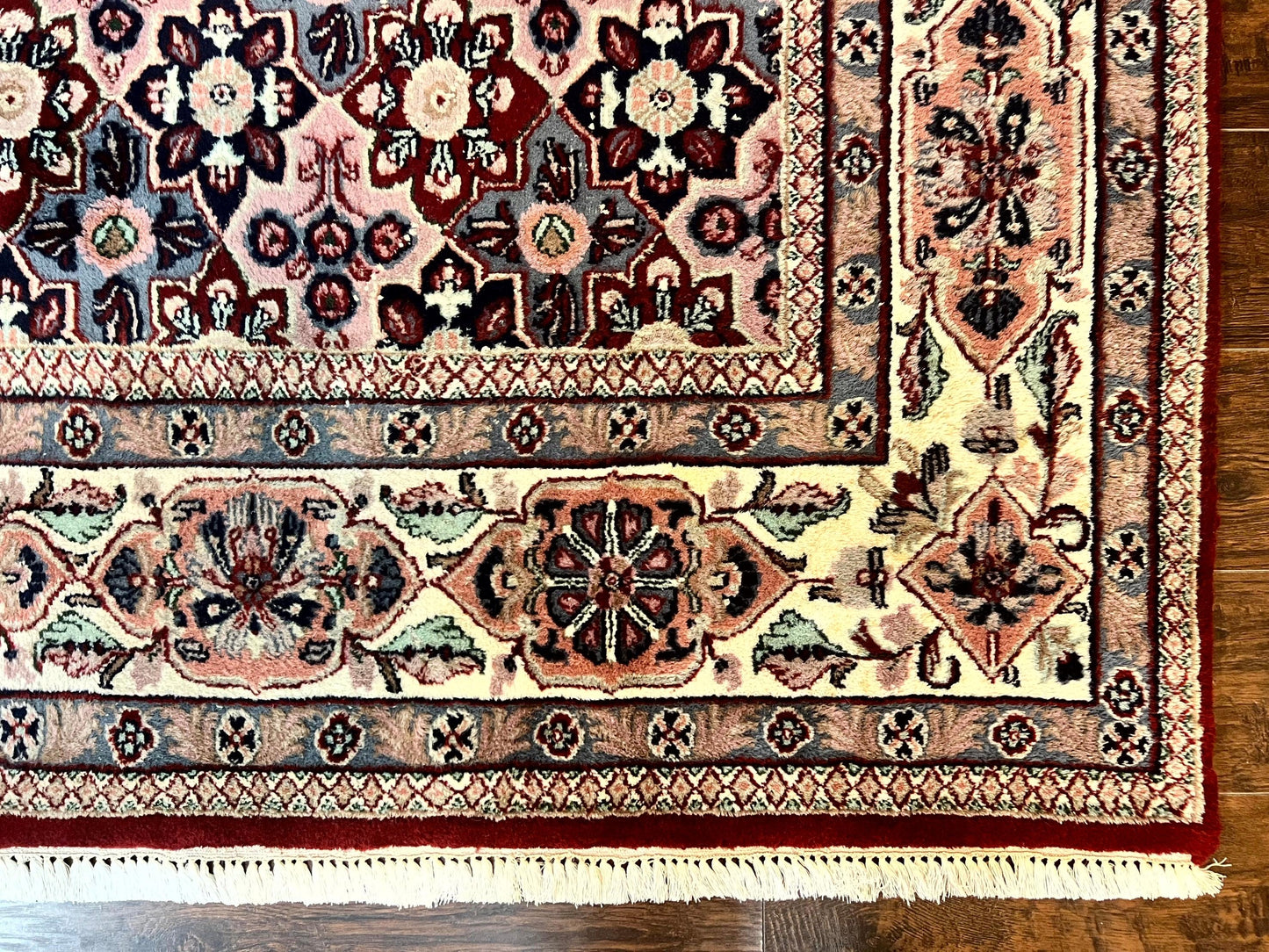 Indo Persian Rug 8x10, Repeated Allover Pattern, Navy Blue Ivory, Handmade Vintage Wool Carpet