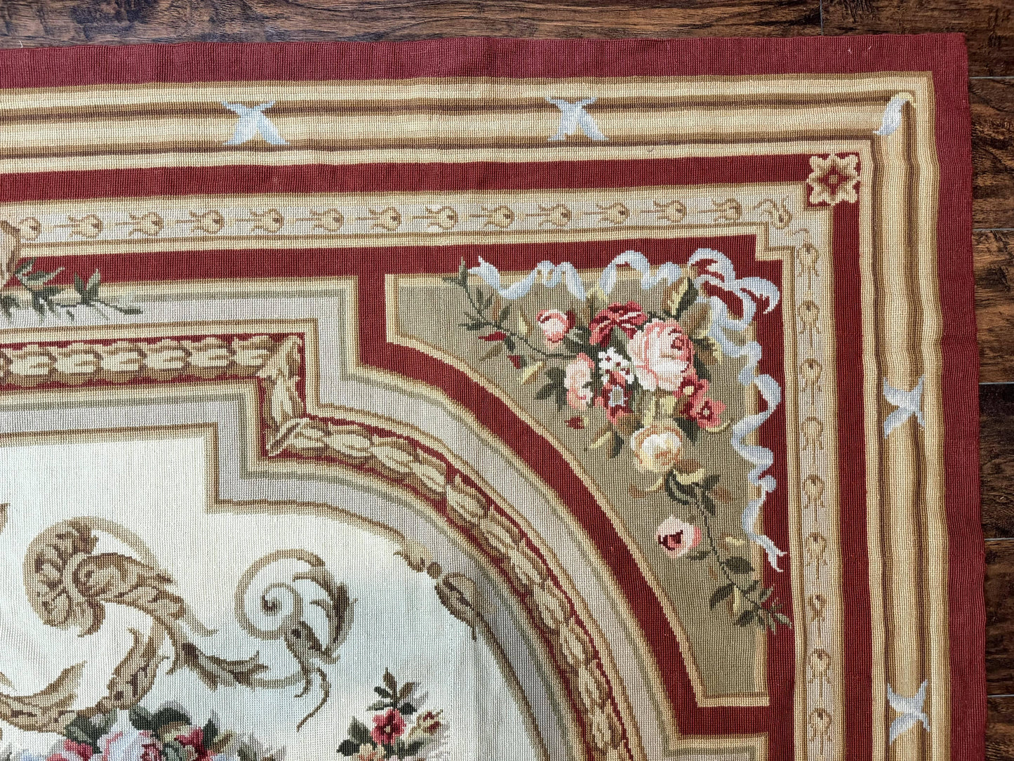 Elegant Aubusson Needlepoint Rug 9x11 Handmade Wool Flatweave Floral Cream