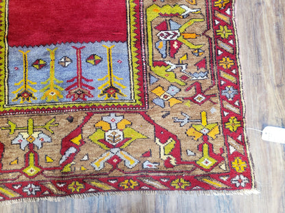 Antique Turkish Prayer Rug Handwoven Wool 3.8 By 5 Feet Colorful Red Blue Gold Anatolian Carpet