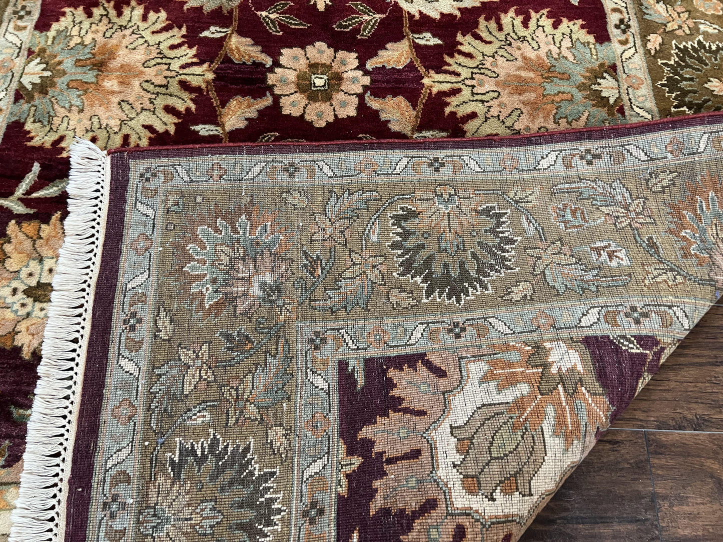 Indo Mahal Rug 6x9, Large Flowers Allover, Maroon and Green, Handmade Wool Area Rug, Vintage Rug, Indian Oriental Carpet, Hand Knotted Rug