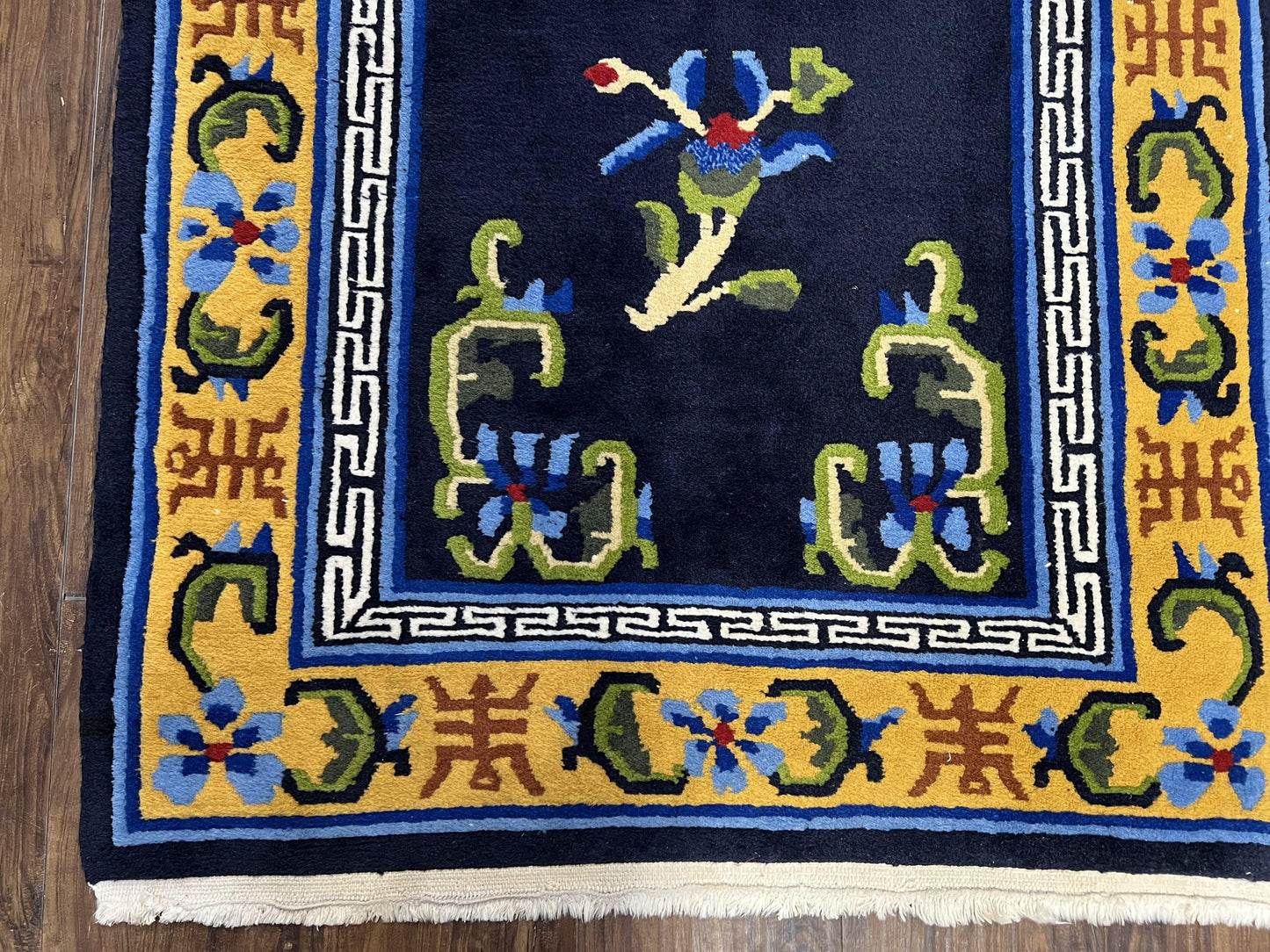 Chinese Art Deco Rug Hand Knotted Vintage Wool Carpet 3x6 Dark Blue Gold Medallion