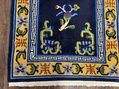 Chinese Art Deco Rug Hand Knotted Vintage Wool Carpet 3x6 Dark Blue Gold Medallion