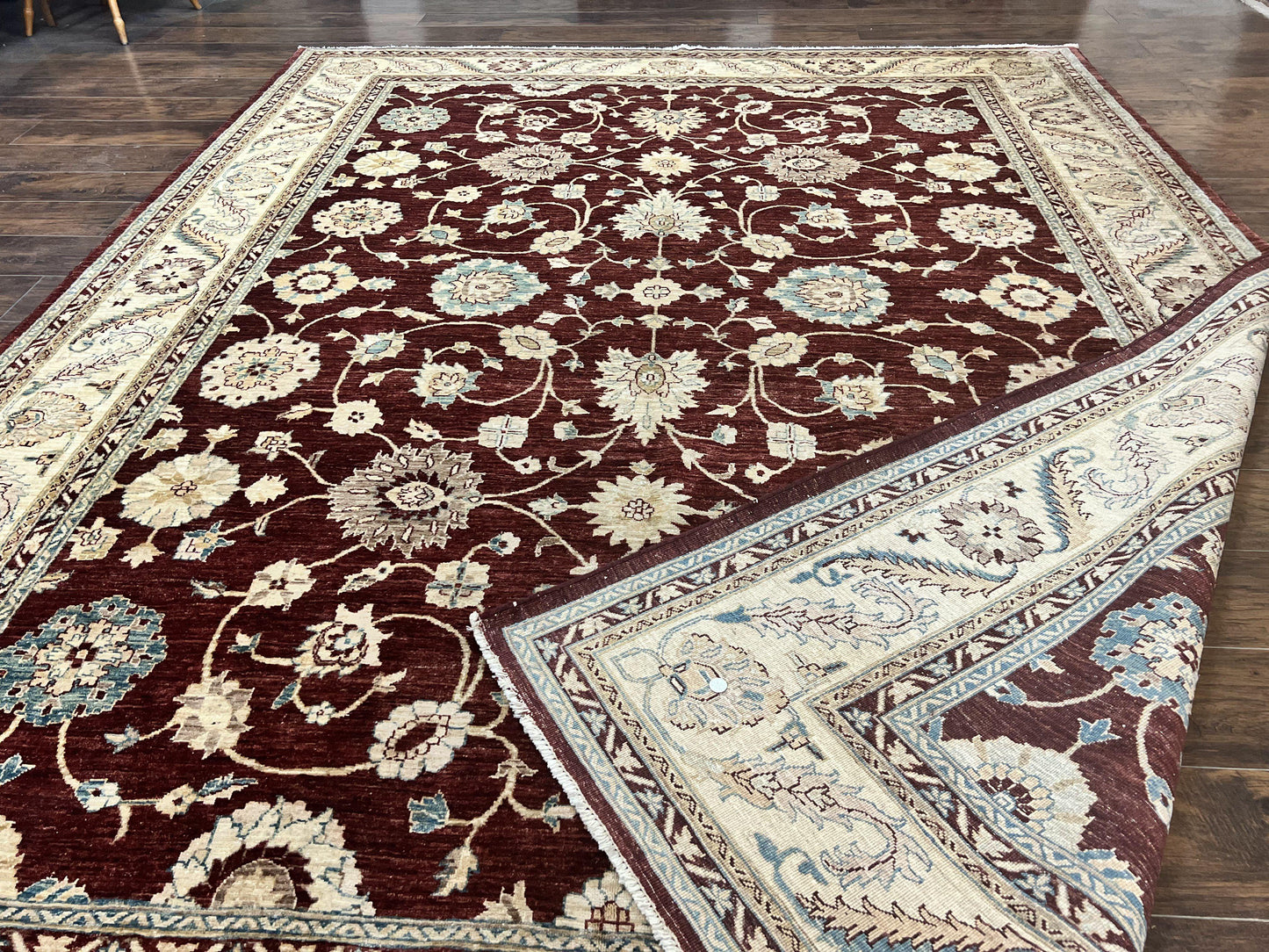 Peshawar Rug 9x11, Pakistani Oriental Carpet, Maroon and Beige, Floral Allover, Wool Hand Knotted Handmade Vintage Rug