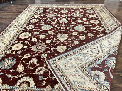 Peshawar Rug 9x11, Pakistani Oriental Carpet, Maroon and Beige, Floral Allover, Wool Hand Knotted Handmade Vintage Rug