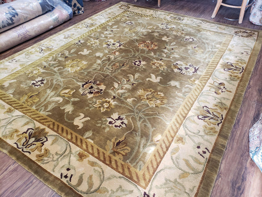 Premium Tibetan Wool Rug 8x10 Hand Knotted Green Beige Floral Area Rug