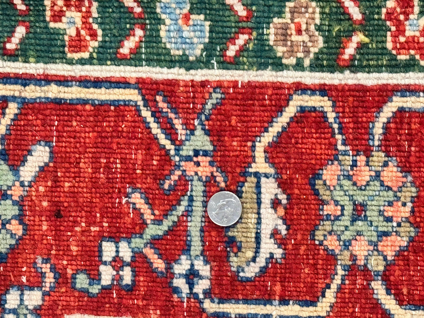 Indo Persian Heriz Rug 7x9, Geometric Pattern, Cream & Light Red, Handmade Vintage Wool Carpet
