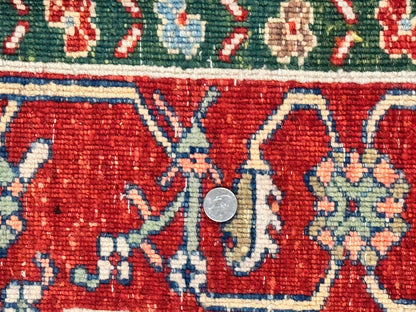 Indo Persian Heriz Rug 7x9, Geometric Pattern, Cream & Light Red, Handmade Vintage Wool Carpet