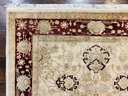 Peshawar Rug 5x7, Beige and Maroon, Vintage Handmade Wool Traditional Carpet 5 x 7 ft, Pakistani Rug, Agra Pattern, Very Fine 260 KPSI