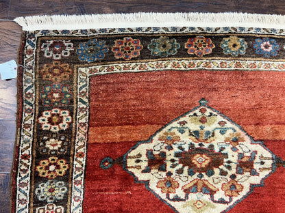 Antique Persian Bidjar Rug 4x8 Hand Knotted Wool Carpet With Triple Medallions 1920s Red