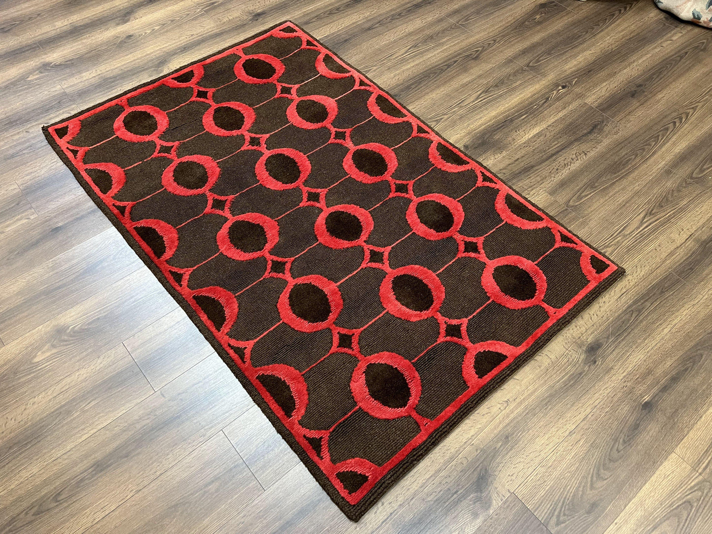 Modern Tibetan Rug 3.8 x 5.7, Raspberry Red and Dark Brown, Abstract Circle Design, Hand Knotted, Soft Wool Handmade Tibet Nepali Carpet 4x6
