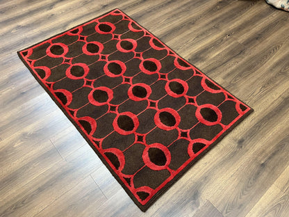 Modern Tibetan Rug 3.8 x 5.7, Raspberry Red and Dark Brown, Abstract Circle Design, Hand Knotted, Soft Wool Handmade Tibet Nepali Carpet 4x6