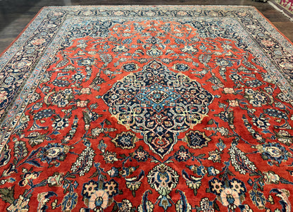 Red Persian Kashan Rug 10x14, Hand-Knotted Semi Antique Floral Medallion Handmade Wool Carpet, Red & Navy Blue