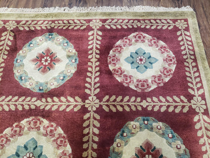Aubusson Rug Nepalese Hand Knotted Wool 6x9 Red Ivory Area Rug For Office