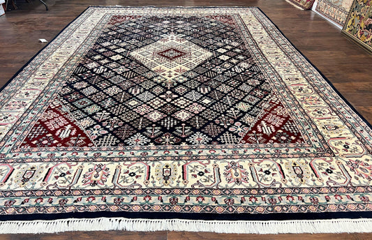 Indo Persian Rug 10x14, Large Wool Hand Knotted Vintage Carpet, Navy Blue & Ivory, 10 x 14 Room Sized Traditional Oriental Rug
