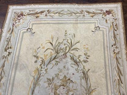 Needlepoint Rug 6x9, Elegant European Design Aubusson Carpet, Vintage Wool Handmade Rug, Light Yellow Ivory