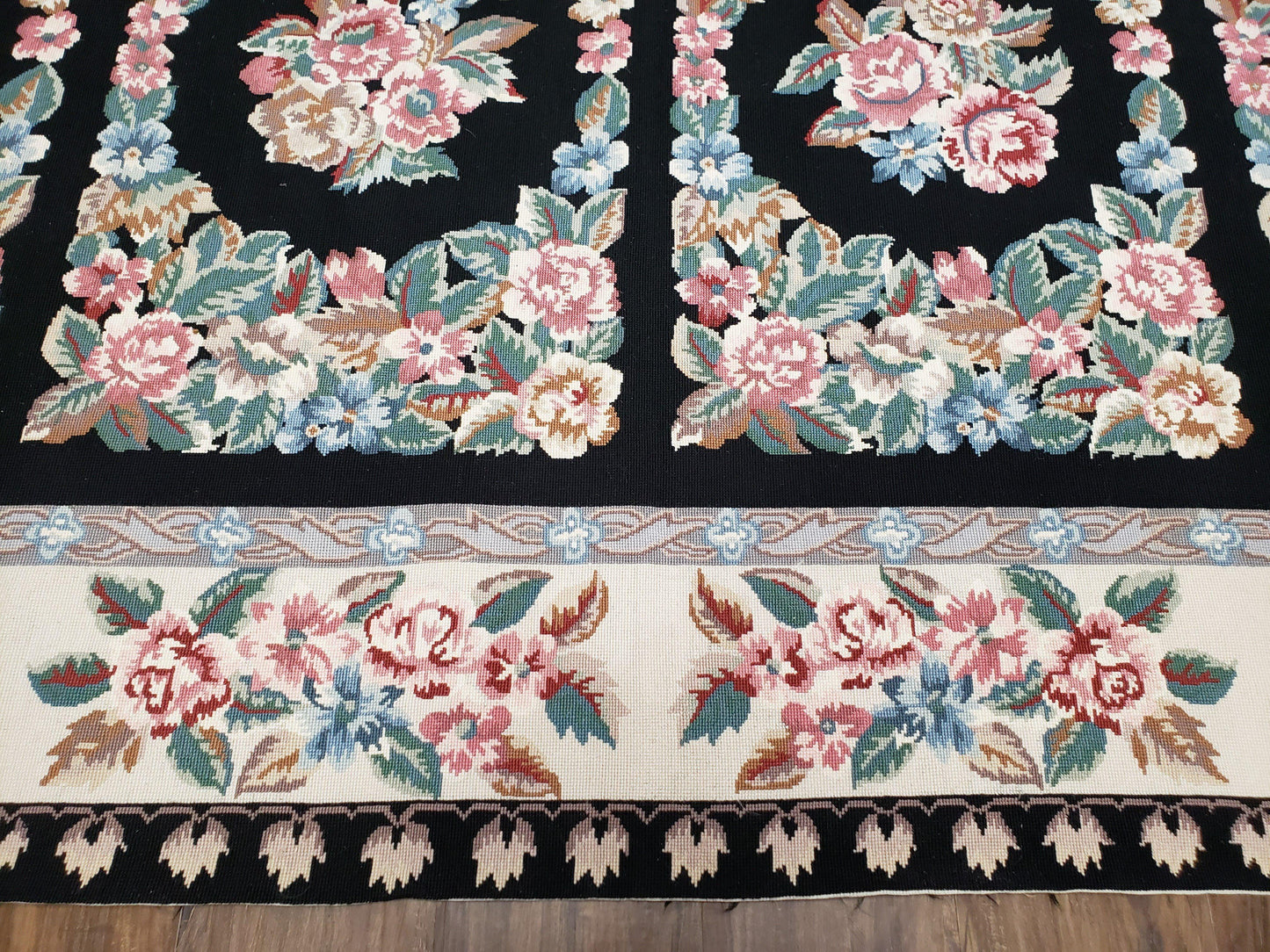 Floral Needlepoint Rug 9.5 x 13.6, Floral Panel Design, Black and Ivory Flatweave Aubusson Carpet, Multicolor