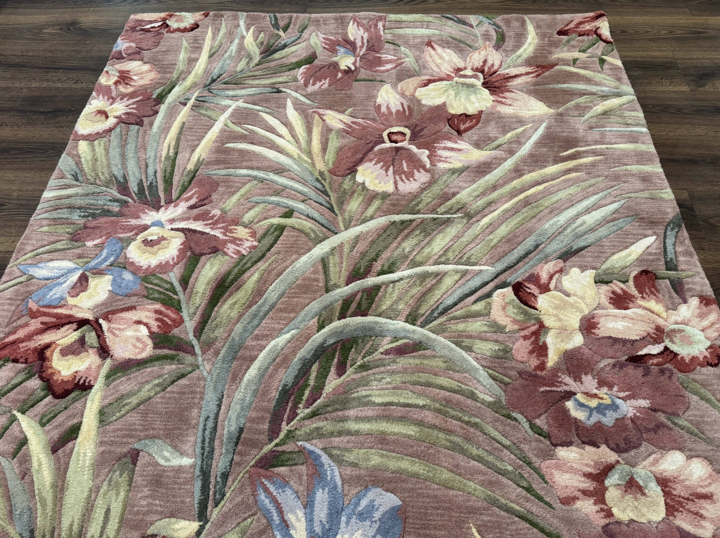 Hand Tufted Floral Rug 5x8, Light Rose Wool Carpet