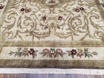 Vintage Nepali Tibetan Aubusson Rug 6x9, Wool Hand-Knotted Cream Beige Carpet, Leaves & Floral Pattern 6 x 9 Soft Area Rug Home Office Rug