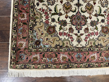 Fine Persian Tabriz Rug 3x5, Floral Medallion, 340 KPSI, Ivory Salmon