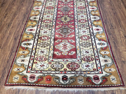 Turkish Caucasian Rug 4x7 Hand Knotted Wool Vintage Area Rug Cream Burnt Orange Carmine Red