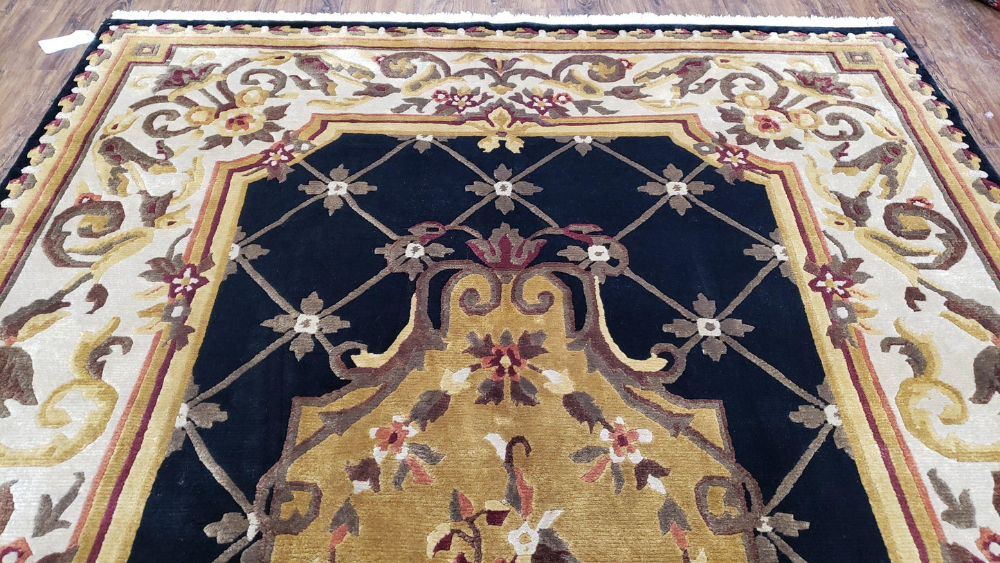 Nepal Rug 6x9 Hand Knotted Wool Aubusson Area Rug Black Beige Tibetan Savonnerie Style