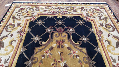 Nepal Rug 6x9 Hand Knotted Wool Aubusson Area Rug Black Beige Tibetan Savonnerie Style