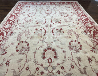Peshawar Rug 8x12 Pakistani Carpet, Oriental Rug 8 x 12 Chobi Rug, Beige and Red, Allover Large Floral Design, Hand Knotted Vintage Wool