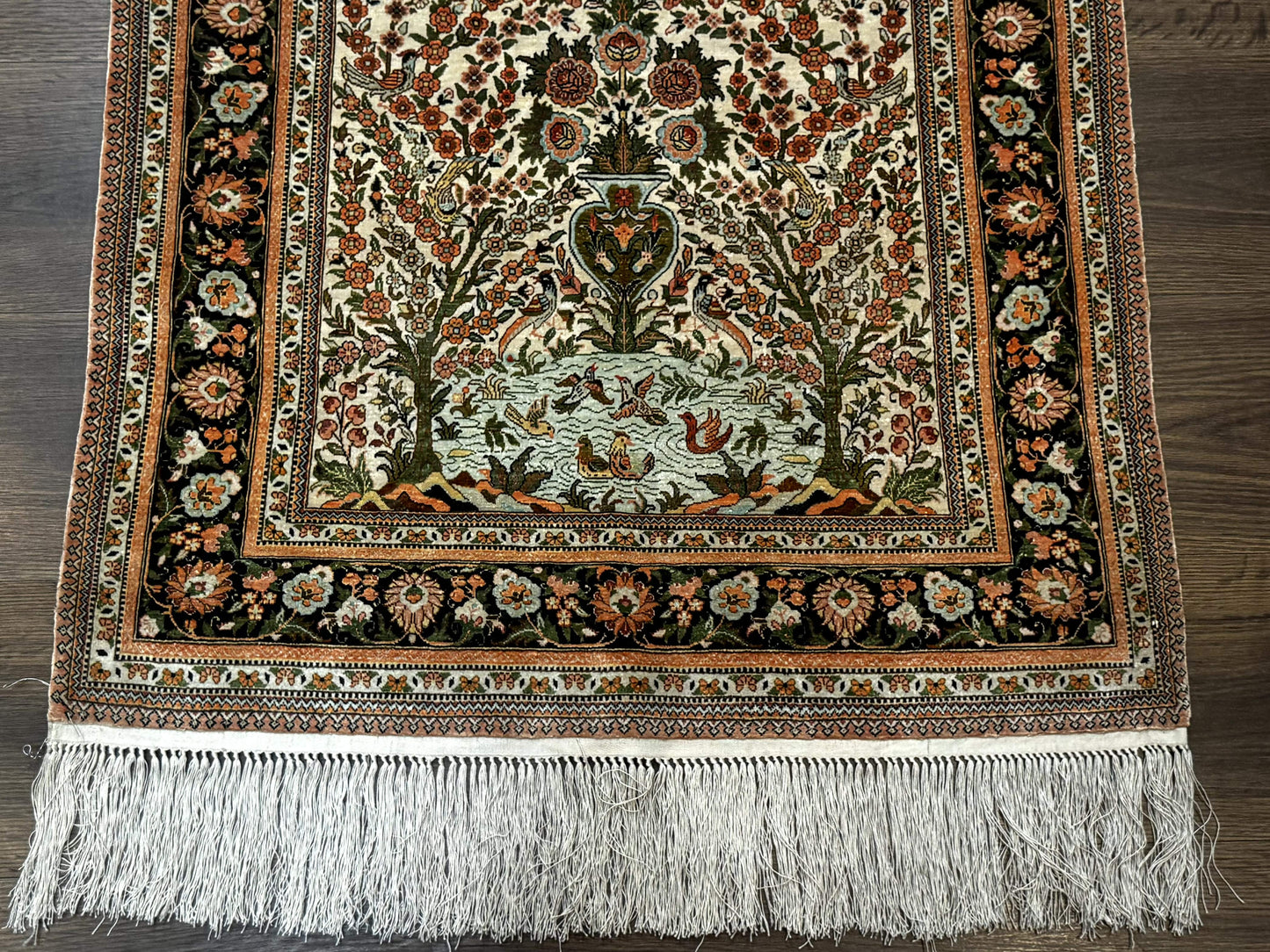 Handmade Silk Rug 2.6 By 4 Tree Of Life Vase Bird Pictorial Very Fine 630 KPSI