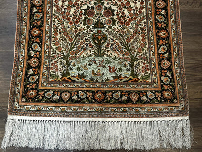 Handmade Silk Rug 2.6 By 4 Tree Of Life Vase Bird Pictorial Very Fine 630 KPSI