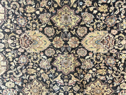 Indo Persian Rug 9x12, Floral Allover, Midnight Blue, Handmade Vintage Wool Oriental Carpet