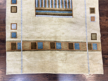 Tibetan Rug 5x8, Contemporary Rug 5 x 8 ft, Cream Brown Blue Hand-Knotted Wool w/ Silk Highlights Tibetan Carpet, Modern Rug