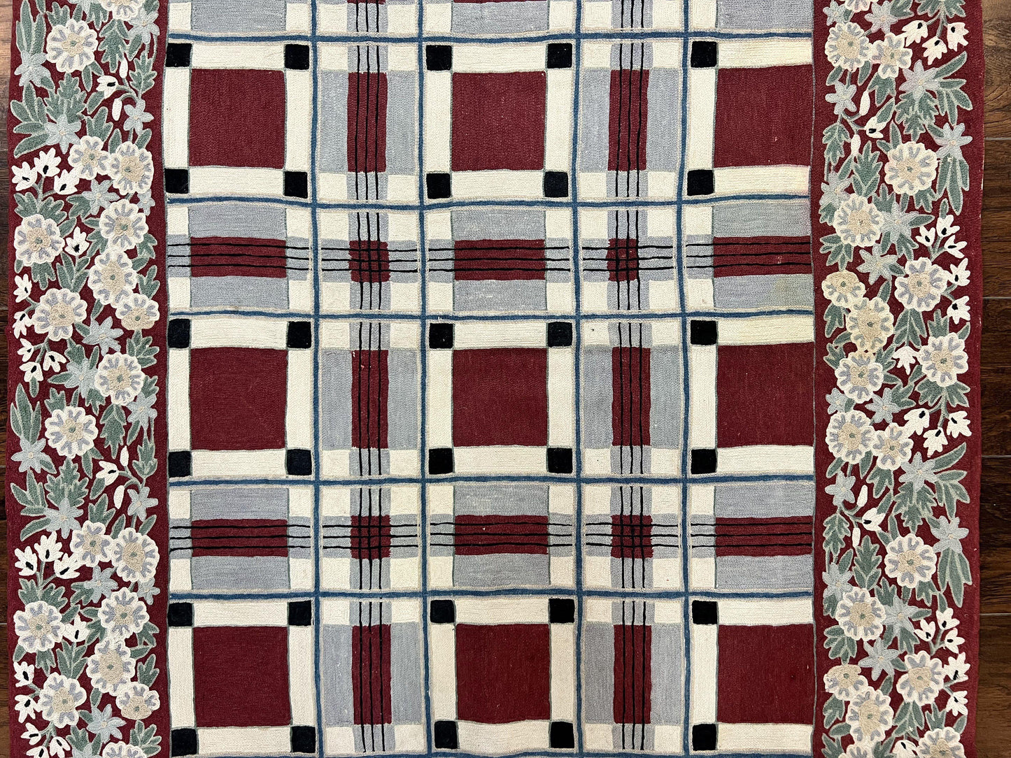 Indian Hand Stitched Rug 4x6, Vintage Carpet, Checkerboard Floral Pattern, Maroon Ivory, Flatweave, Wool
