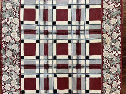Indian Hand Stitched Rug 4x6, Vintage Carpet, Checkerboard Floral Pattern, Maroon Ivory, Flatweave, Wool