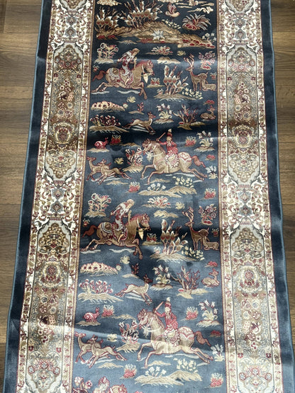 Turkish Silk Rug 2.6 x 6.7, Short Runner Rug, Blue & Ivory, Bamboo Silk, New