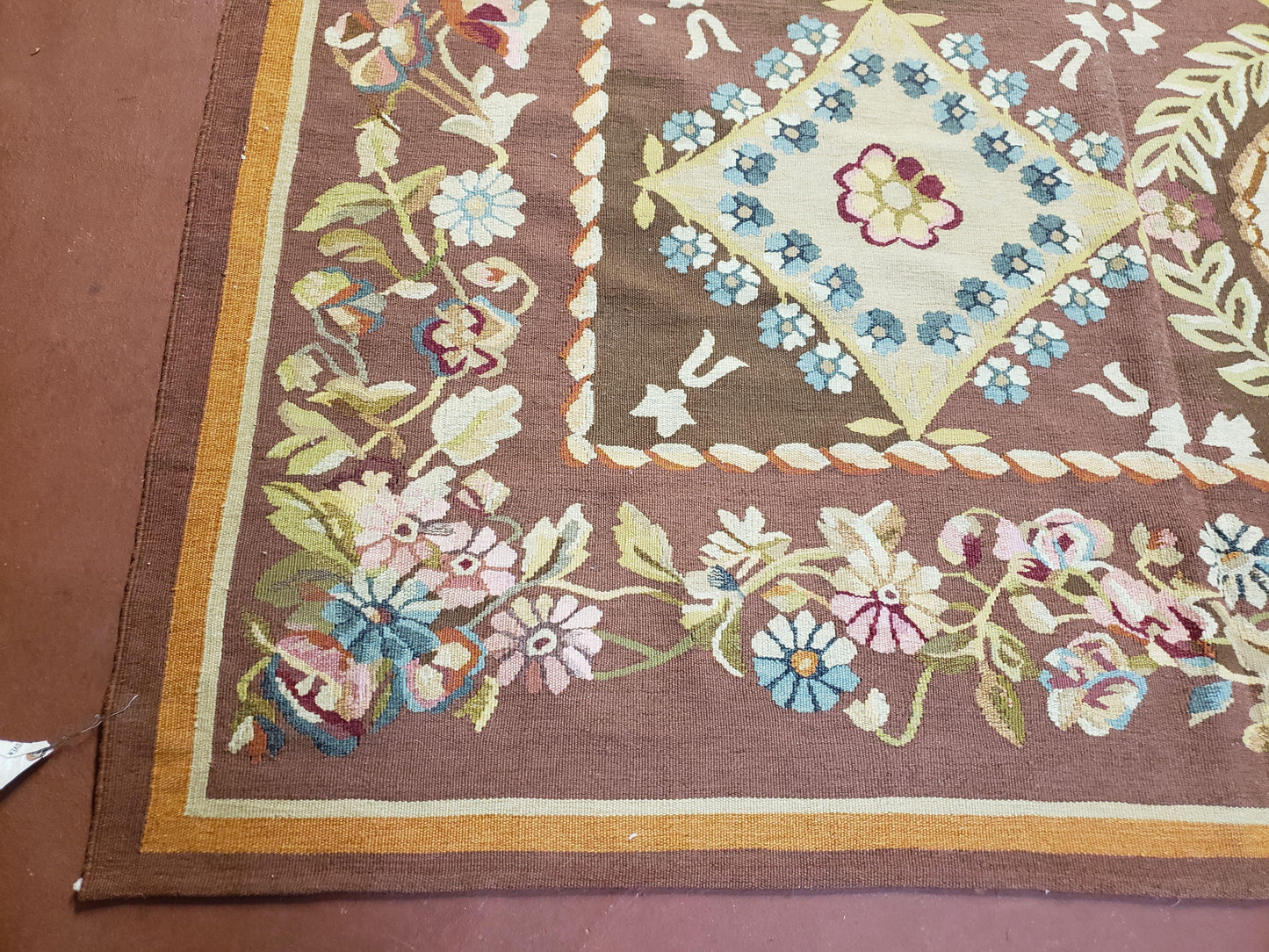 Aubusson Rug 6x9 Handmade Wool Flat Weave With Floral European Design