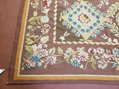Aubusson Rug 6x9 Handmade Wool Flat Weave With Floral European Design