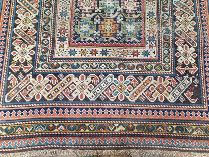 Caucasian Rug Hand Knotted 3 Ft 9 In By 5 Ft 7 In Antique 1920s Chi Chi Carpet Wool Colorful Dark Blue Cream Red