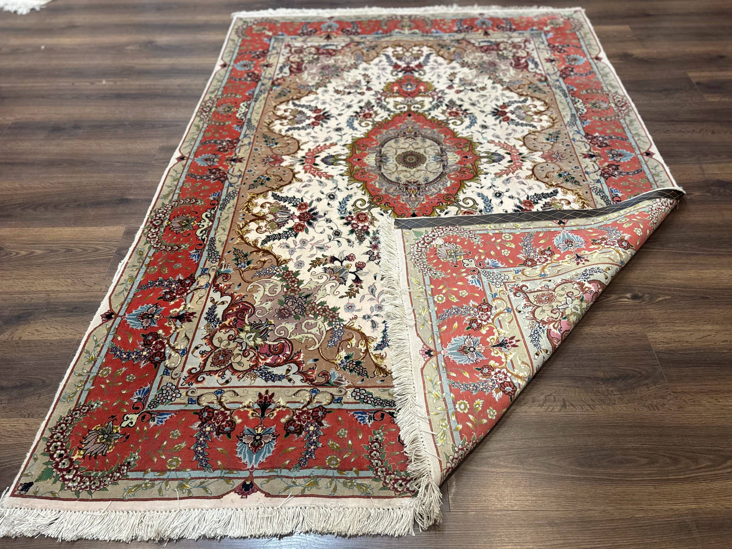 Wonderful Persian Tabriz Rug 5x7, Very Fine 440 KPSI, Ivory and Coral, Rare